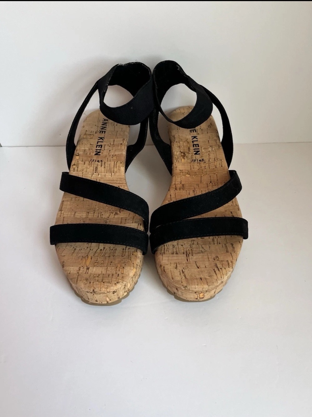 Anne Klein iFlex Black Strappy Cork Wedge Sandals Size 8